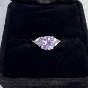 Lavender brilliant cut cubic zirconia with 2 clear CZ marked 925 RSC silver ring